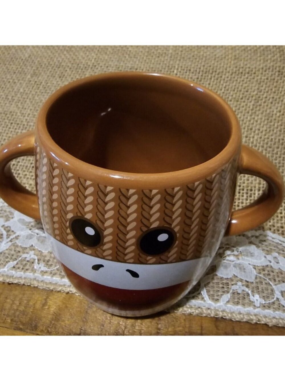 Sock Monkey Coffee or hot mug cocoa cup two Handles Brown GALERIE Double Sided